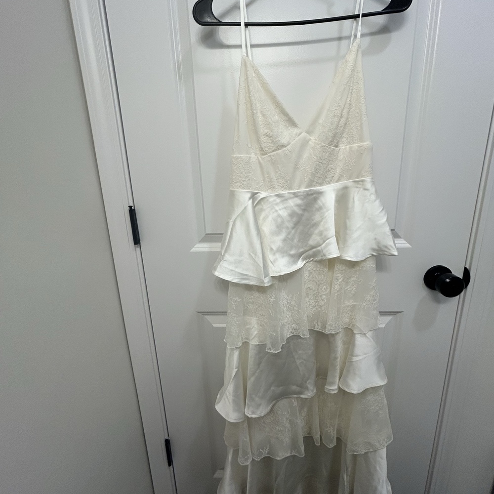 Altar'd State Tiered Ruffle Lace Satin Maxi Dress Women XS Ivory Bridal